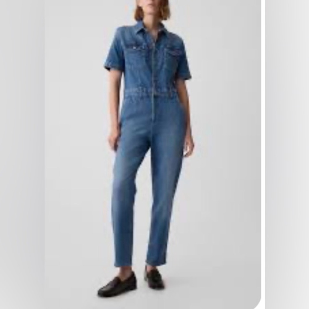 Gap Denim Short Sleeve Cotton Jumpsuit Blue Medium Wash Size 8 Tall